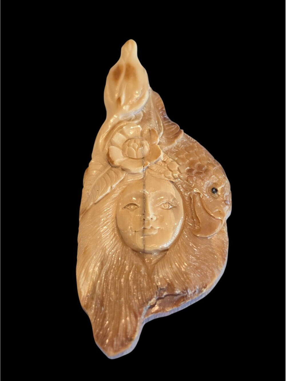 Artisan Carved Bovine Bone Goddess Lady Face Pendant Fish Flower Cabochon 5.3g